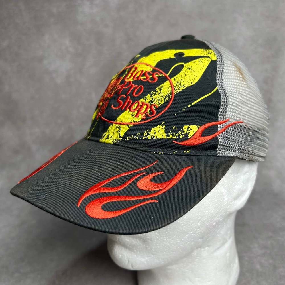 Bass Pro Shops Trucker Hat Black Yellow Red Flame Logo Mesh Snapback Cap